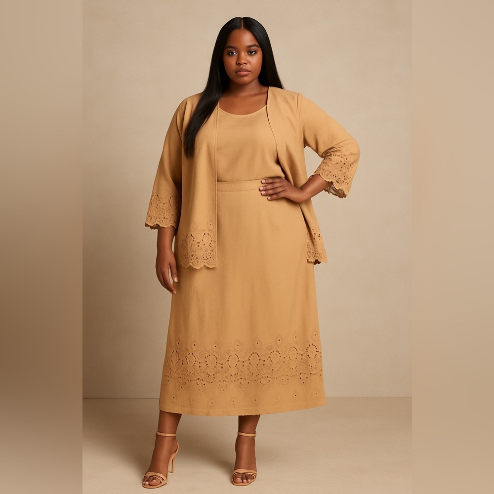 3-Piece Tan Linen Eyelet Skirt Set – Plus Size XL